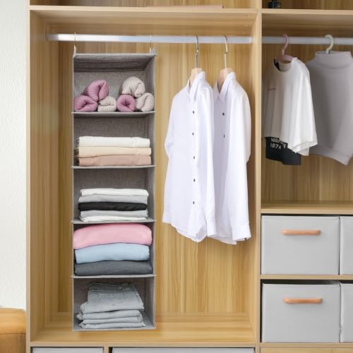Large Hanging Sweater Organizer for Closet,Collapsible 6-Shelf Hanging Closet Shelves with Drawers, Washable (Grey-5 Shelf) - color: Dark Gray, size: 5 Shelf