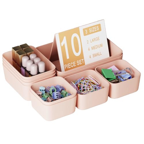 Plastic Drawer Organizers, 10 PCS Drawer Organizer Bins, Bathroom and Vanity Organizer Plastic Tray, Makeup organizer and storage for Makeup, Bedroom, Kitchen Gadgets Utensils and Office (Pink) - color: Pink, size: 10pcs