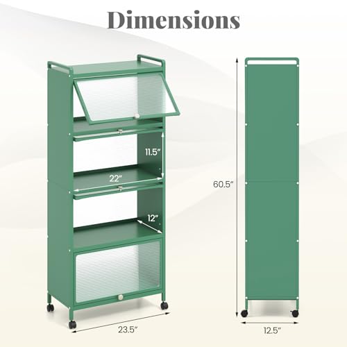 Giantex 5-Tier Kitchen Storage Cabinet, Mobile Microwave Stand with Flip-up PC Doors, Freestanding Kitchen Bakers Rack with 4 Rolling Casters, for Dining Room, Living Room and Study, Green - color: Green