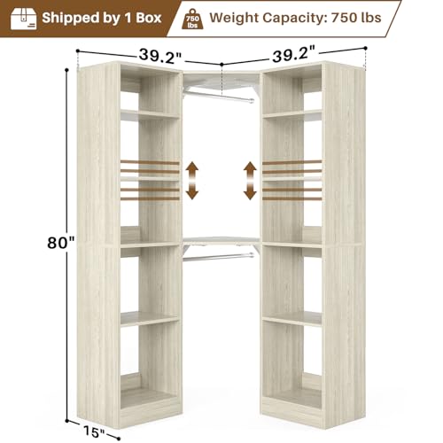 Besiost Corner Closet System with 12 Shelves, 39.2" Corner Closet Organizer System with 2 Hanging Rods, Versatile 6-Tier Walk-in Closets for Corner Space, White Oak (39.2" L x 39.2" W x 80" H) - color: White Oak, size: 39.2" - Without Lights