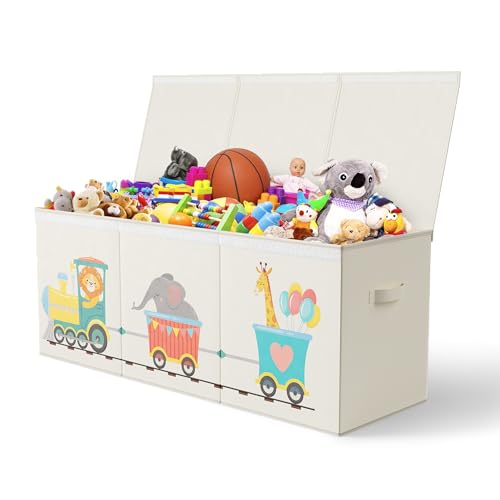 Extra Large Collapsible Sturdy Toy Storage Organizer with Lids, Animal Train Toy Box for Boys Girls, 40"x16"x16", Modern, Beige