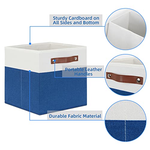 Temary 11 Storage Cube Bins for Shelves, Closet - 4 Pack Fabric Baskets With Leather Handles (White & Blue) - color: White&Blue, size: 11×11×11