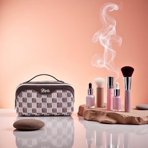 BOYATU Travel Makeup Bag for Women: Large Cosmetic Bag Set of 3 - PU Leather Make up Bag with Compartments - Compact Waterproof Toiletry Bag with Divider & Handle (D-3-Brown) - color: D-3-Brown