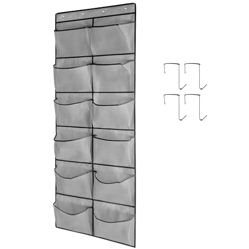 1 Pack 12 Breathable Mesh Pockets Large Hanging Shoe Organizer Over The Door Shoe Rack for Closet Door Storage Shoe Holder Hanger, 4Hooks, Grey (59'' x 21.6'') - color: Grey-B1