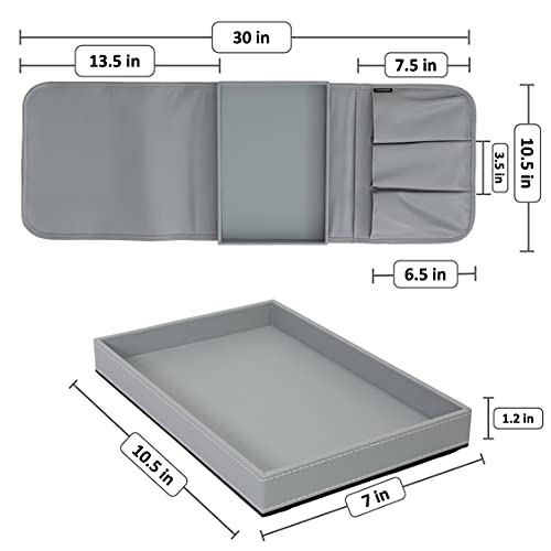 Anti Slip Armchair Caddy w/Detachable Wooden Snack Tray PU Leather Armrest Cup Holder Couch Arm for Recliner w/ 1 Big Pocket, 3 Small Pockets, Remote Control (Med Dark Grey), 10.5Wx30L - color: Medium Dark Grey