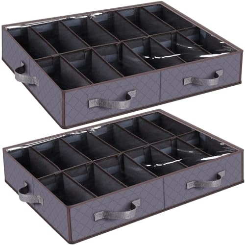 Under Bed Shoe Storage Organizer, Set of 2, Sturdy Structure, Adjustable Dividers, Reinforced Handle, Sturdy Zipper, Underbed Storage Solution with Clear Window, Breathable, Gray - color: Gray, size: 2 Pack Gray