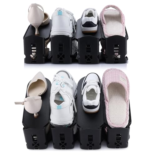 HOMOKUS 20 Pack Shoe Slots Organizer,3-Level Flexible Adjustable Shoe Stackers,Slip-on Shoe Rack,Double Layer Shoe Tray Organizer Holder with 3 Different Height,Space-Saving Shoe Holders (Black) - color: Black