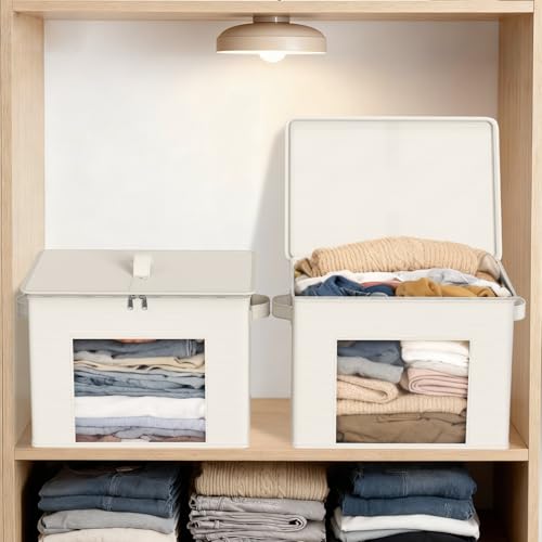 Zilink Fabric Storage Bins with Lid 4-Pack Stackable Cloth Storage Bins Sweater Organizer with Zipper & Clear Window Closet Organizers and Storage Box for Home, Office, Bedroom (Beige,17" x 12" x 12") - color: Beige