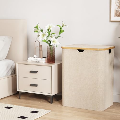Lifewit 120L Laundry Basket with Lid, Clothes Hampers for Laundry with Bamboo Handles and 2 Removable Bag, Large Foldable Laundry Hamper for Bedroom, Bathroom, Dorm, Laundry Room, Beige - color: Beige, size: 120L