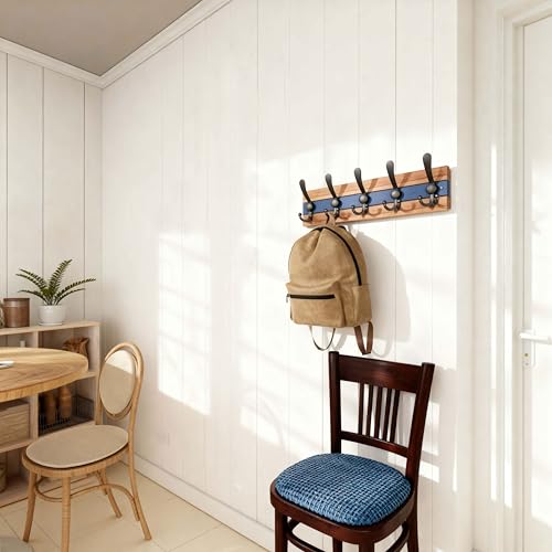 SKOLOO Rustic Wall Mounted Coat Rack - 16-7/8" Long Coat Hooks for Wall with 5 Triple Hooks for Hanging Coats, Hats or Tools, Western National Parks Collection, Wood Brown & Blue - color: Blue & Brown Plates & Black Hook, size: 1 Item-5 Hooks