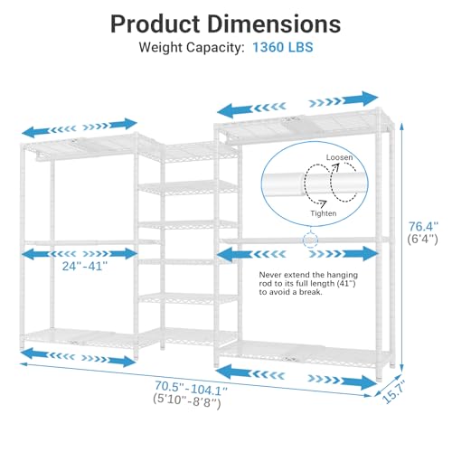 VIPEK X3 Plus Large Expandable Closet Rack Adjustable from 5'10" to 8'8" with Extendable Shelves and Hanger Rods, Freestanding Clothing Racks Modular Closet Systems Wardrobe, Max Load 1360LBS, White - color: White, size: X3 Plus