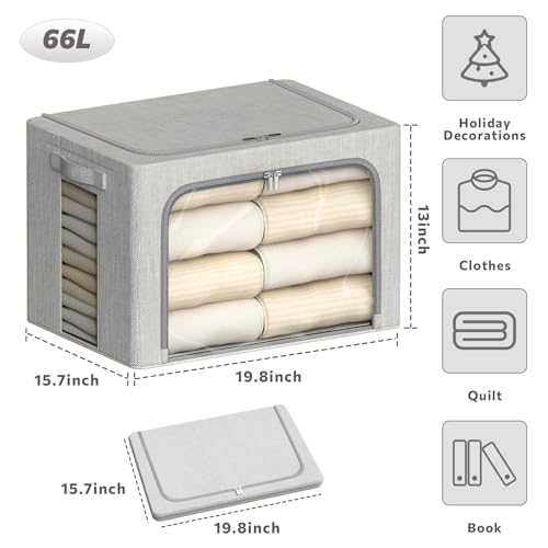 4 Pack Clothes Storage Bins with Metal Frame - 66L Stackable Storage Box with Lid，Foldable Storage Container Organizer for Clothes，Linen Fabric Storage Box with Clear Window＆Zippers＆Handles - color: Light Grey, size: 66L