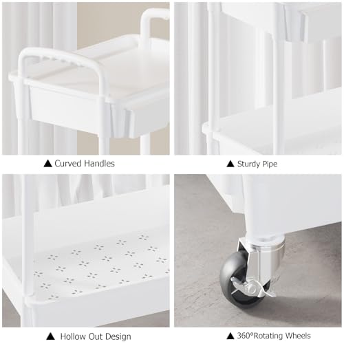 3 Tier Rolling Utility Cart with Drawer, Plastic Storage Organizer Rolling Carts with Wheels Handles Hanging Cups Hooks for Office, Bathroom, Kitchen,Craft Art Room (White) - color: White, size: 3-Tier