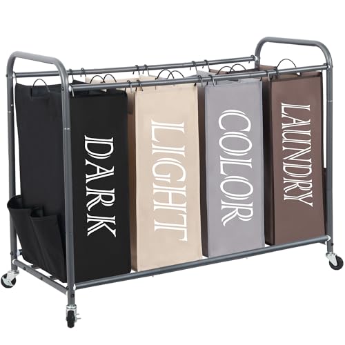 STORAGE MANIAC Laundry Sorter 4 Section, 47.8 Gal (181 L) Laundry Hamper with Wheels, Clothes Divider Basket Sorter, Clothes Separator Hamper Cart with Wheels and Removable Bags, Multicolored - color: Multicolored, size: 4 Section