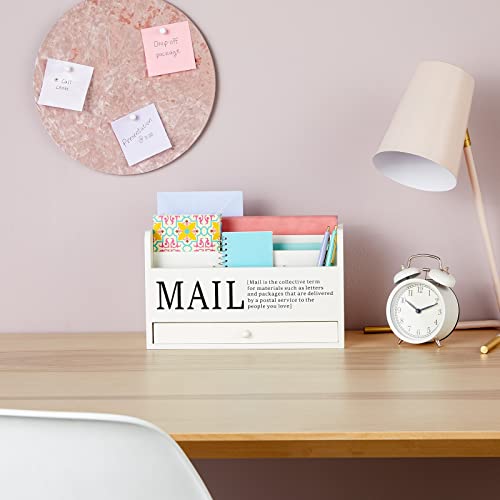 Juvale Wooden 3-Tier Countertop Mail Organizer - Desktop Organizer with Drawer for Paper & Supplies - Wall-Mount Mail Holder for Envelopes & Letters - White, 11 x 7 x 4 in