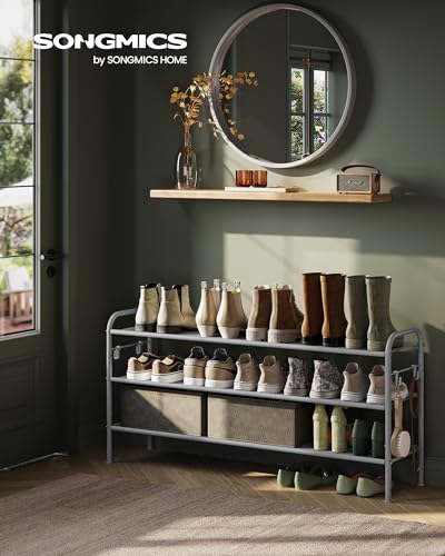 SONGMICS Shoe Rack, 3-Tier Shoe Organizer, Fabric Shoe Shelf Storage with 4 Hooks, Holds up to 18 Pairs of Shoes, Height-Adjustable Shoe Rack for Entryway, Hallway, Closet, Easy Assembly, Dove Gray - color: Dove Gray, size: 3 Tier (20.8"H)