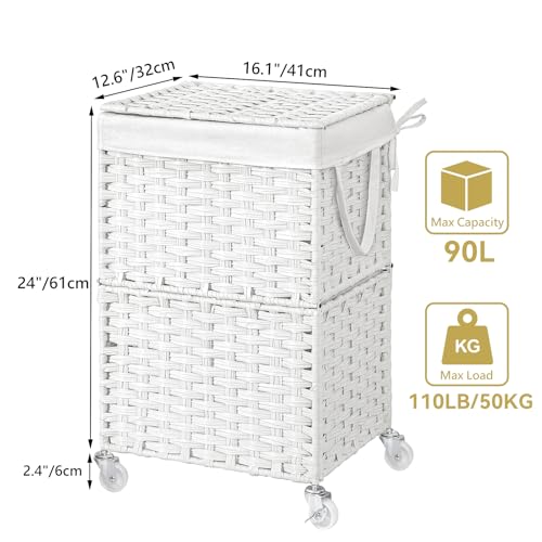Chrislley 90L Slim Laundry Hamper with Wheels, Rolling Laundry Basket with Lid and Renovable Liner Bag, Handwoven Rattan Organizer for bedroom, bathroom, laundry room (White) - color: White