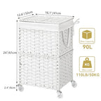Chrislley 90L Slim Laundry Hamper with Wheels, Rolling Laundry Basket with Lid and Renovable Liner Bag, Handwoven Rattan Organizer for bedroom, bathroom, laundry room (White) - color: White