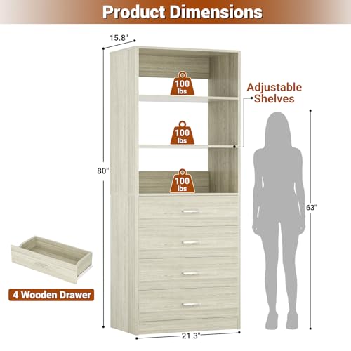Aheaplus Closet Drawers Organizer System, 21.3" Wood Closet System with 4 Drawers, Modular Walk-in Closets Storage Unit, Tall Bookshelf Storage Cabinet, White Oak - color: White Oak