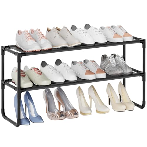 Long Shoe Rack, 2-Tier Stackable Shoe Organizer for Closet, Entryway, Hallway, Extra Bottom Layer, Holds 12-15 Pairs, Sturdy & Durable Waterproof Fabric Shelf, Space-Saving,Black(35.8" Wide) - size: 2-Black
