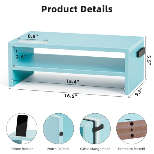 Marbrasse Monitor Stand Riser, 16.5 Inch 2 Tier Computer Printer Shelf Stand for Laptop Computer Screen Storage, Desktop Stand with Phone Holder and Cable Management (Blue) - color: Blue
