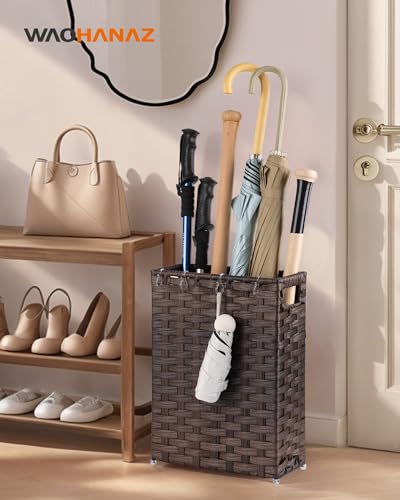 Rattan Umbrella Stand, Umbrella Holder for Entryway, Hand Woven Umbrella Rack Organizer Freestanding, with a Detachable Drip Tray, 4 Hooks, 11.8" L x 5.5" W x 16.5" H - color: Brown, size: M(11.8" L x 5.5" W)
