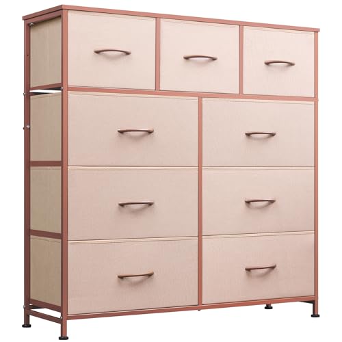 WLIVE 9-Drawer Dresser, Fabric Storage Tower for Bedroom, Hallway, Entryway, Closet, Tall Chest Organizer Unit with Fabric Bins, Steel Frame, Wood Top, Easy Pull Handle, Pink - color: Pink