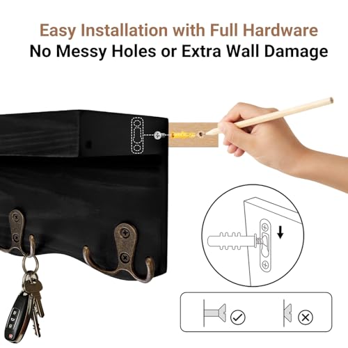 Key Holder for Wall with Shelf, Decorative Wave Design Mail Organizer Wall Mounted with 4 Double Hooks for Keys, Coats, Dog Leash, Wooden Key Rack for Entryway, Hallway, Home Decor (Black)