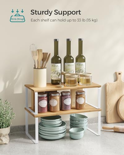 SONGMICS Cabinet Organizer Shelf, Set of 4 Kitchen Counter Shelves, Kitchen Storage, Spice Rack, Stackable, Expandable, Metal and Engineered Wood, Cloud White and Natural Beige UKCS210W01 - color: Cloud White + Natural Beige, size: 15.6"W
