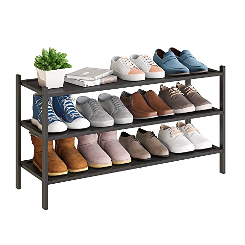 BMOSU 3-Tier Bamboo Extended Shoe Rack Premium Stackable Shoe Shelf Storage Organizer for Hallway Closet Living Room Entryway Organizer(Black) - color: Black, size: 3-Tier Long（33.3*11*18.3inches）