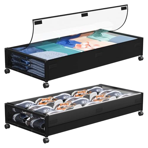 Under Bed Storage with Wheels,2 Pack Under Bed Storage Containers with Clear Lids,Under the bed storage Organizer Bins, Large Rolling Under Bed Metal Drawer for Clothes,Shoes,Blankets