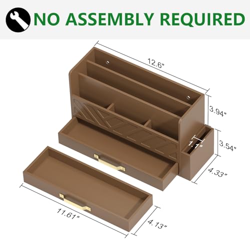 WISUCART Bamboo Desk Organizer Mail Holder Countertop Wood Desk Drawer Tabletop Storage Box Pen Holder Letter Sorter Makeup Organizer for School Home Office Supplies with Pen Holder Brown - color: Brown with Pen Holder