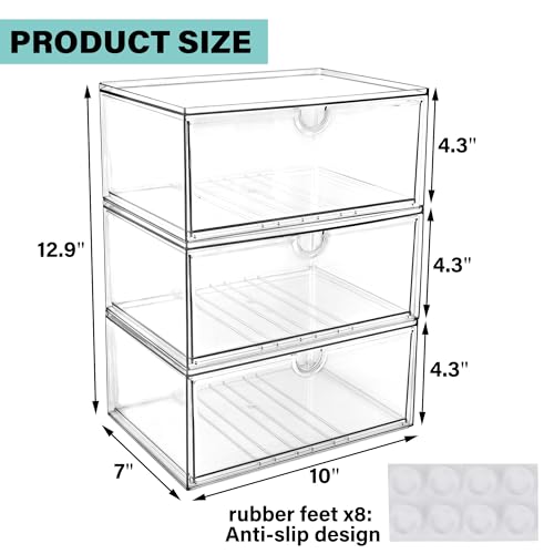 Prsildan Acrylic Makeup Organizer, 3 Pack Stackable Clear Storage Drawers for Baby Bottles Desk Organizers with 3 Drawers for Countertop Vanity Nursery Modular System for Cosmetics Jewelry - style: Style1-3Drawers