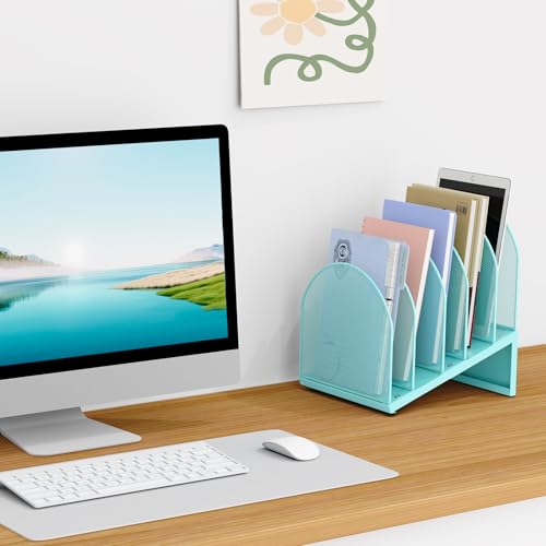 5-Section Desk File Organizer, Metal Mesh Folder Organizer for Documents, Mail & Office Papers (Blue) - color: Blue