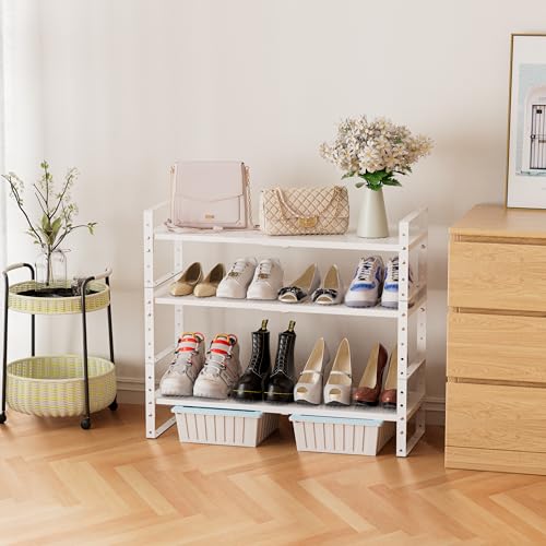 Jojocross Expandable Stackable Aadjustable Shoe Rack Pantry Shelf for Kitchen Cabinets Counter Shelves Countertop Cupboard Storage Solution,Sturdy Heavy-Duty Metal Construction(3Packs/White/Large) - color: 3Packs/White, size: LARGE:10.2"D x 16.5"W x 7.8"H