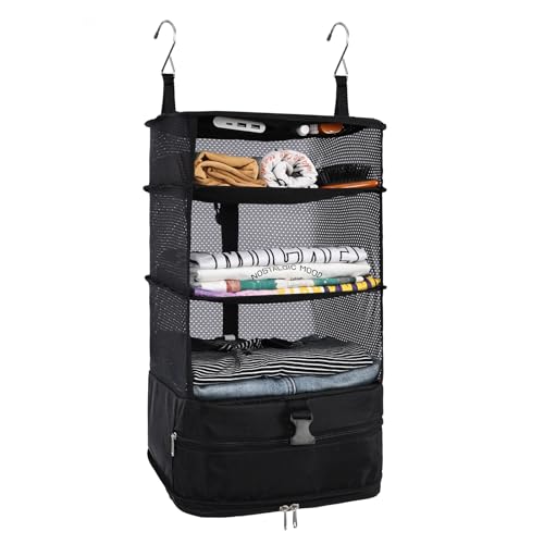 Surblue Hanging Closet Storage Bag Collapsible 3-Shelf Washable Oxford Fabric with 2 Hooks (L 11.41 * 11.41 * 19.68in, Black) - color: Black, size: L 11.41*11.41*19.68in