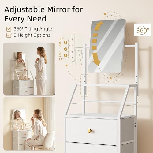 HIGDBFE 4-Drawer Dresser with Mirror, Vanity with 2-Tier Shelves, Fabric Chest of Drawers for Small Space, Vertical Storage Cabinet for Bedroom, Nightstand Bedside Table Furniture, White, 15.3" W - color: White