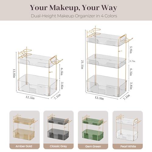 Bathroom Counter Organizer Countertop, 3 Tier Makeup Perfume Storage with Hair Dryer Rack and Toothbrush Holder, Cosmetic Tray for Vanity - Clear - color: Pearl White, size: 3 Tier-New