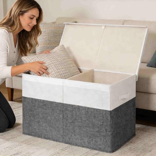 INDRESSME 25"x13"x16" Large Toy Storage Box with Lid, Toy Chest Organizer Toy Basket with Dividers for Playroom, Bedroom, Closet, Toy Bin for Kids Baby Boys Girls (Grey & White) - color: Grey & White, size: 25"x13"x16"