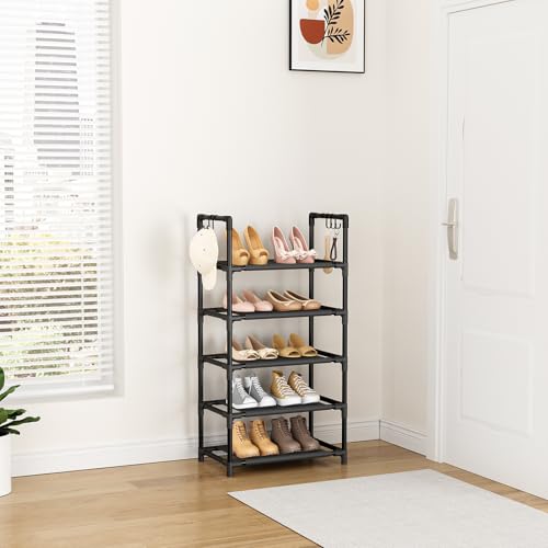 LANTEFUL 5 Tiers Shoe Rack 12-15 Pairs Boots Organizer Storage Sturdy Narrow Shoe Shelf for Entryway, Closets with Hooks, Black - color: Black, size: 5 Tier-34" High-17" Wide