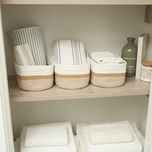 Beautiful Storage Basket Set of 3 - Sturdy Jute Rope Baskets for Shelves Are Perfect for Organizing Your Home - Quality Storage Bins Easily Fit With Any Nursery or Bedroom Decor - color: Beige-Brown