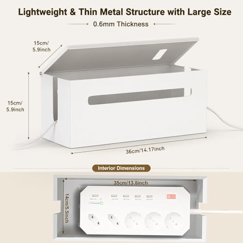 0.6mm Metal Cable Management Box - Large Cable Organizer Box and Power Strip Box for Electrical Cord Hiding, Home Office Floor Cables Hider, TV Wires Storage Organization - color: White