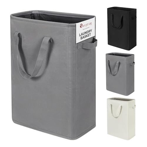ZERO JET LAG Slim Laundry Hamper With Handles Collapsible Laundry Basket Thin Dirty Clothes Basket Narrow Laundry Bag Foldable Dirty Cloth Hamper 45L (24 inches,Grey) - color: Gray (With Handles)