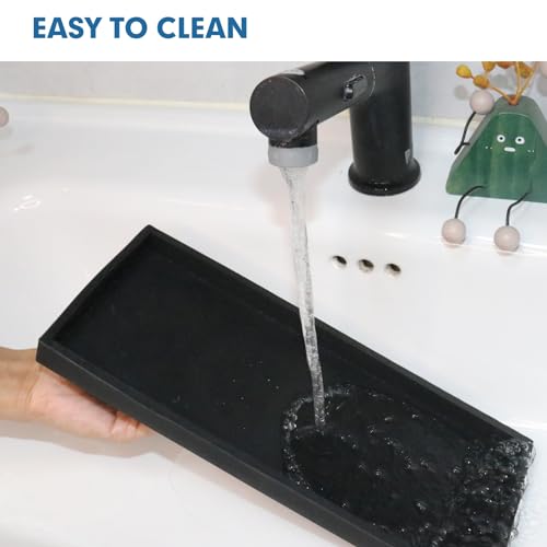 Bloss Small Bathroom Vanity Tray with Soap Dish, 8 x 4 inch Silicone Kitchen Soap Tray,Bathroom Counter Trays Organizer for Candle Perfume Jewelry Key, Black - color: Black, size: 7.9" x 3.9" x 0.9"