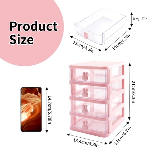 Desk Organizer with Drawer, Stackable Makeup Organizer White, Small Plastic Storage Box for Desktop, Bathroom Counter or Dresser, School, Home, Office (Pink-4 Tier) - color: Pink-4 Tier