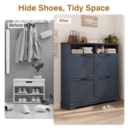 Shoe Storage Cabinet with 4 Flip Drawers, Farmhouse Modern Hidden Shoes Rack Cabinet with Adjustable Shelves & Open Storage, Narrow Slim Shoe Organizer for Front Door Entrance, Entryway, Navy Blue - color: Navy Blue, size: 4-Drawers