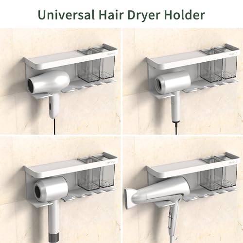 Hair Dryer Holder Wall Mounted Adhesive/Drilling, Hair Dryer Storage Organizer with Shelf & Hooks for Bathroom, Blow Dryer Holder, Hair Tool Organizer (White) - color: White