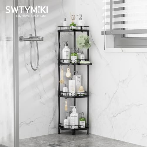 SWTYMIKI Corner Shower Caddy Standing - 4 Tier Stainless Steel Shower Organizer Stand with 4 Hooks & Soap Holder, Rustproof Metal Standing Tall Floor Shower Shelf and Bathroom Organizer, Black - color: Black-4 tier