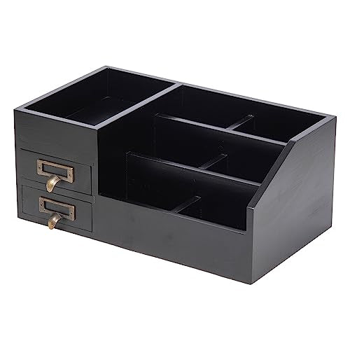 Distressed Rustic Wooden Office Desktop Organizer Wood Shelf Tabletop Home Organizer Storage with Multiple Compartments 2 Tier Drawers,perfect Jewelry storage Display Box for Desk, Vanity (Black) - color: Black