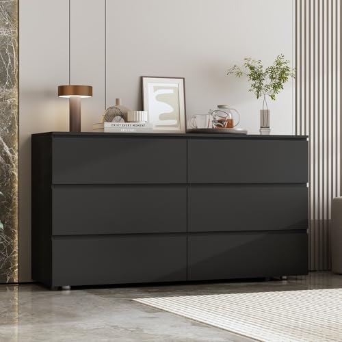 FAMAPY Chest of Drawers Dresser No Handles, 6 Drawer Dresser with Wide Storage, Modern Contemporary 6-Drawer Chest, for Bedroom Black (59”W x 15.7”D x 32.3”H) - color: Black